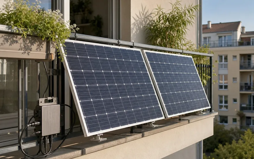 Balkonkraftwerk am Geländer eines Mehrfamilienhauses – Stecker-Solaranlage mit Mikro-Wechselrichter für Mieter
