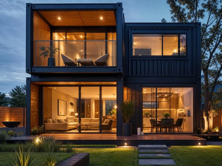 Containerhaus aus Stahlmodulen: klare Linien, schneller Aufbau Modernes Containerhaus aus zwei gestapelten Modulen mit Anthrazit-Fassade, Holzakzenten und warm beleuchteten Glasfronten in der Dämmerung