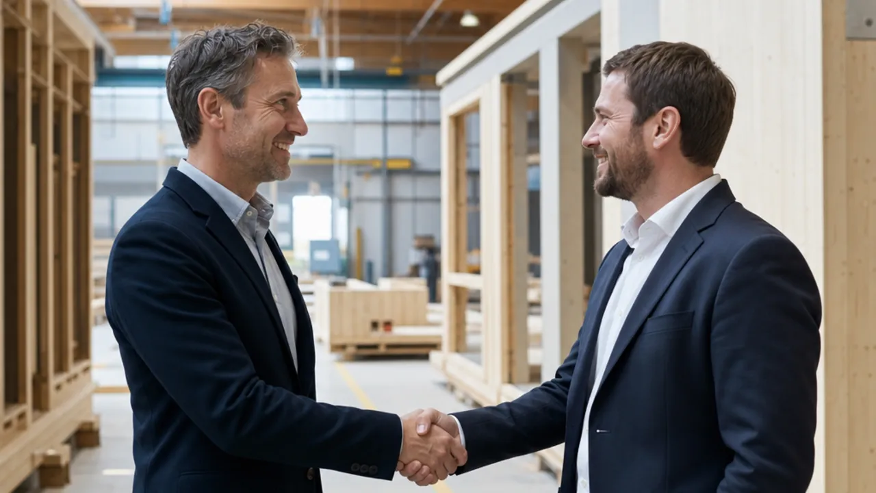 Kooperation zwischen Fertighaus-Hersteller und Portal Fertighaus-Hersteller-Kooperation: Geschäftspartner geben sich die Hand in einer modernen Holztafelbau-Werkshalle