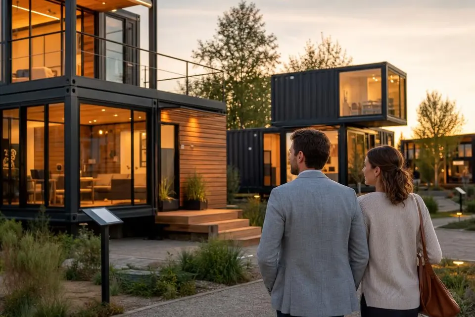 Modulhaus-Anbieter vergleichen: Modelle verschiedener Hersteller Ausstellung mit modernen Modul- und Containerhäusern verschiedener Anbieter im Abendlicht