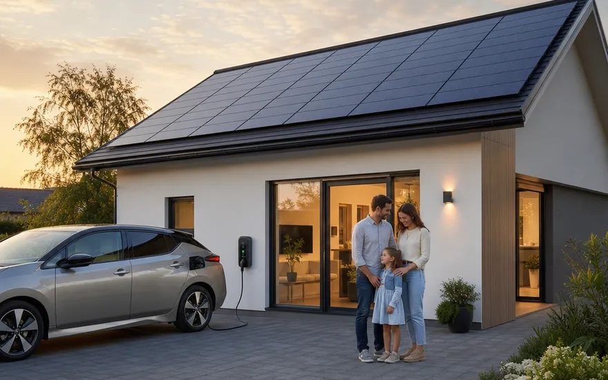 Fertighaus-Neubau mit Photovoltaik-Volldach und Wallbox fürs E-Auto – Solaranlage von Beginn an eingeplant