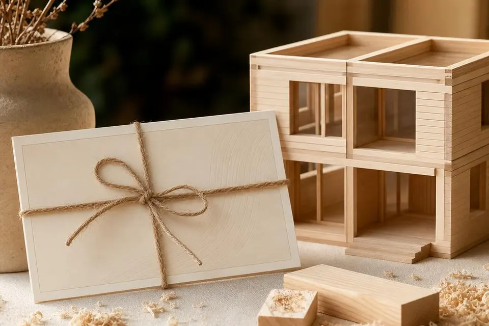 Gutschein mit Naturschnur neben Holzmodell eines Modulhauses in Holzbauweise mit Lärchenholz-Mustern – Ausstattungs-Gutschein für ein Holz-Modulhaus Gutschein mit Naturschnur neben Holzmodell eines Modulhauses in Holzbauweise mit Lärchenholz-Mustern – Ausstattungs-Gutschein für ein Holz-Modulhaus