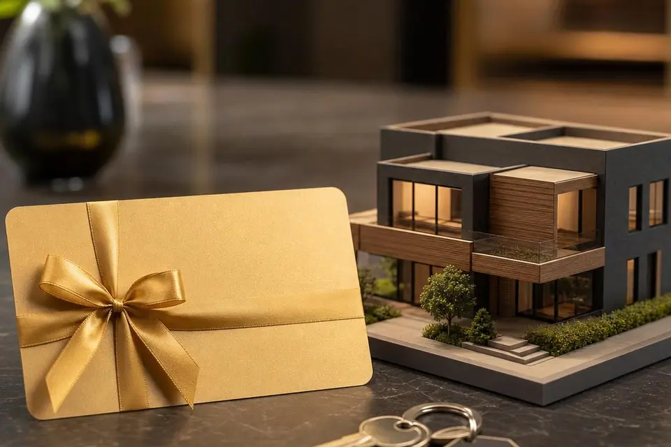 Gutschein mit goldener Schleife neben Modell eines modernen Modulhauses und Hausschlüsseln – Rabatt für ein schlüsselfertiges Modulhaus Gutschein mit goldener Schleife neben Modell eines modernen Modulhauses und Hausschlüsseln – Rabatt für ein schlüsselfertiges Modulhaus