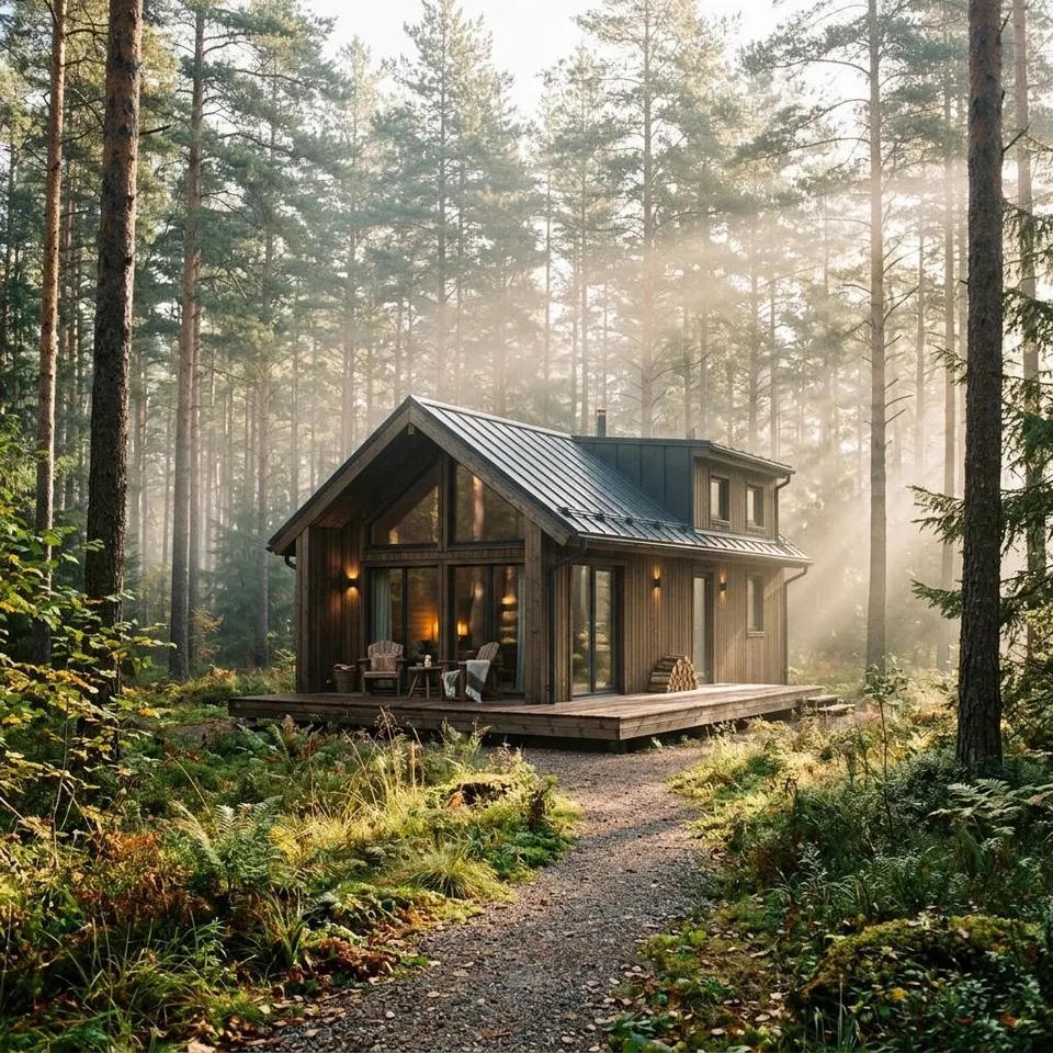 Haus im Wald bauen: Holzhaus auf einer Waldlichtung Gemütliches Holzhaus auf einer lichten Waldlichtung zwischen hohen Kiefern im Morgenlicht – Haus im Wald bauen