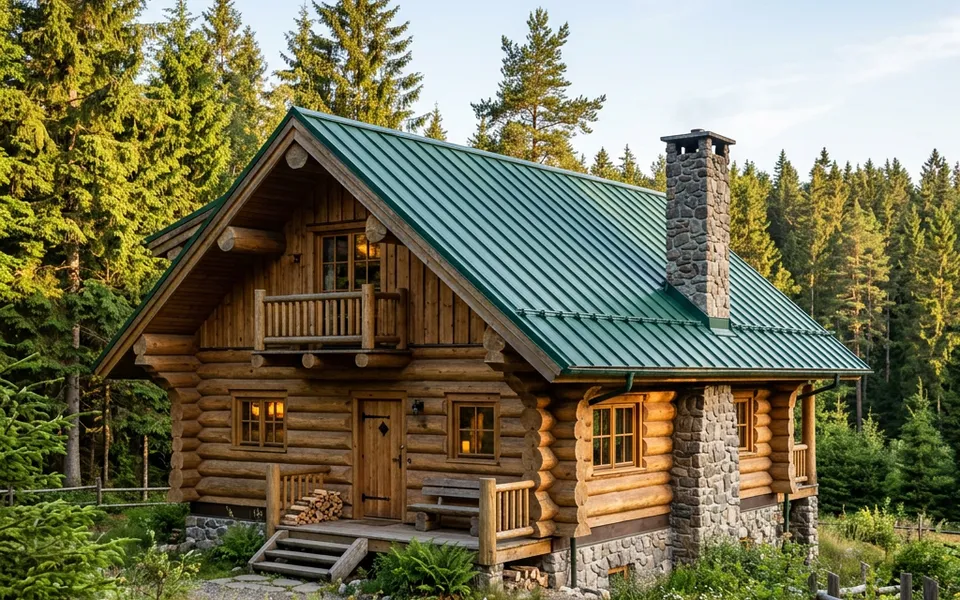 Blockhaus aus massiven Rundstämmen mit Steinkamin am Waldrand – naturnah und schlüsselfertig gebaut 2026