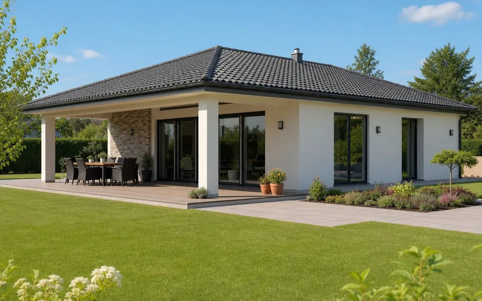 Ebenerdiger Bungalow mit überdachter Terrasse, raumhohen Fenstern und schwellenlosem Zugang – barrierefreier Neubau 2026