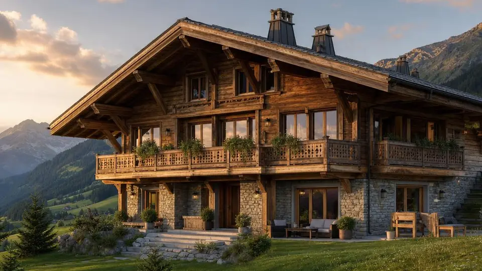 Haus im Chalet-Stil mit flachem Satteldach, weitem Dachüberstand, Holzfassade und Balkonen vor Bergkulisse – Fertighaus 2026