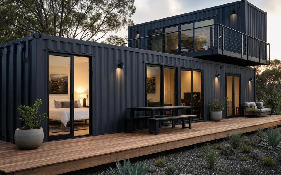 Containerhaus mit anthrazitfarbener Wellblechfassade, Holzdeck und Glasschiebetür im Industrial-Look – Kosten 2026 Containerhaus mit anthrazitfarbener Wellblechfassade, Holzdeck und Glasschiebetür im Industrial-Look – Kosten 2026