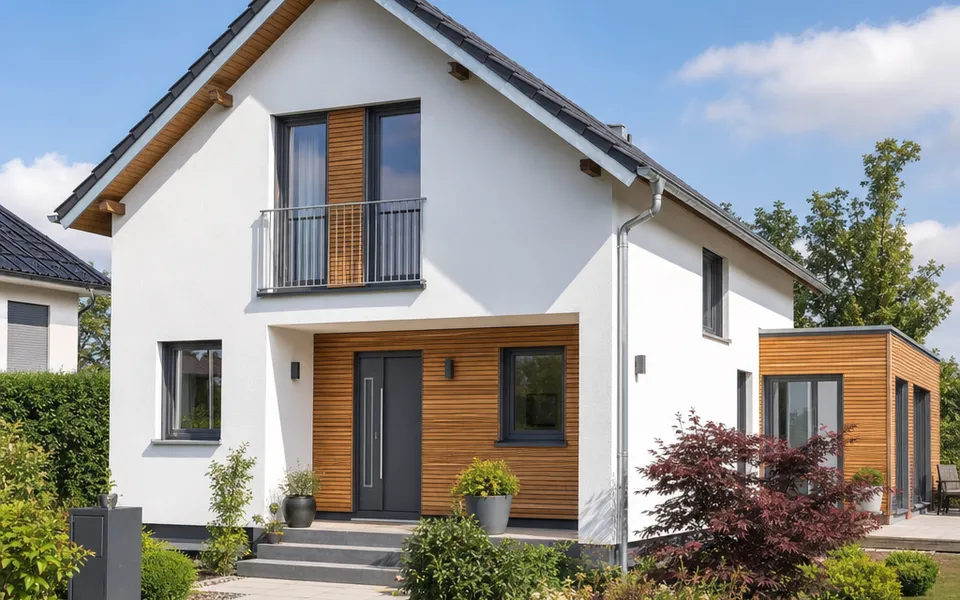 Frei stehendes Einfamilienhaus mit Satteldach, hellem Putz und Holzakzenten in einem gepflegten Garten – Neubaupreise 2026