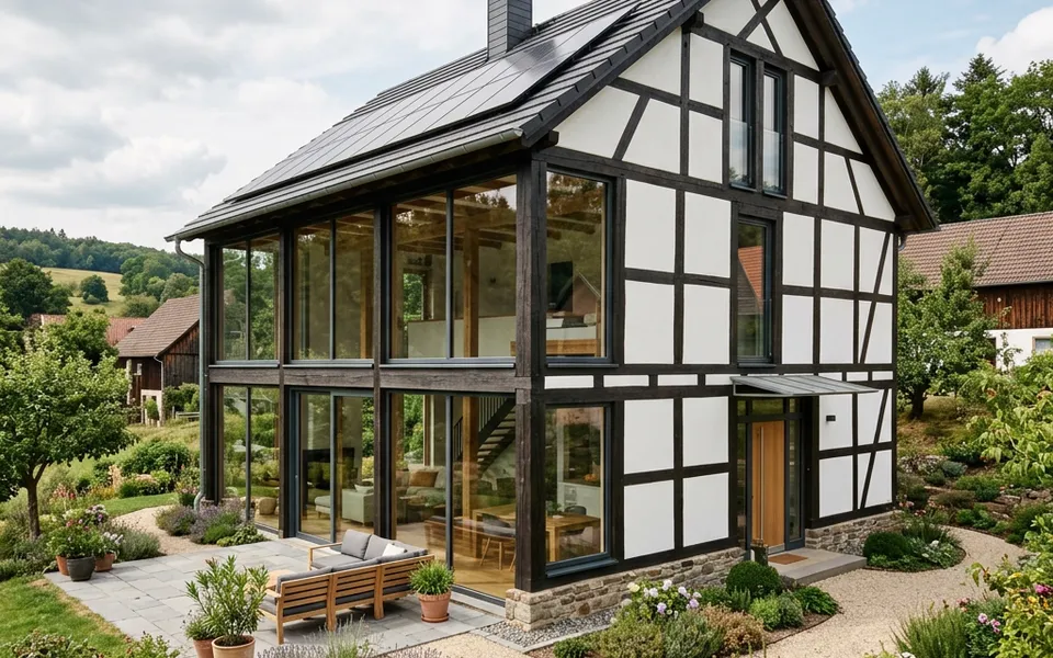 Modernes Fachwerkhaus mit dunklem Eichenskelett, weißen Gefachen und weiten Glasflächen – Fachwerk-Neubau 2026