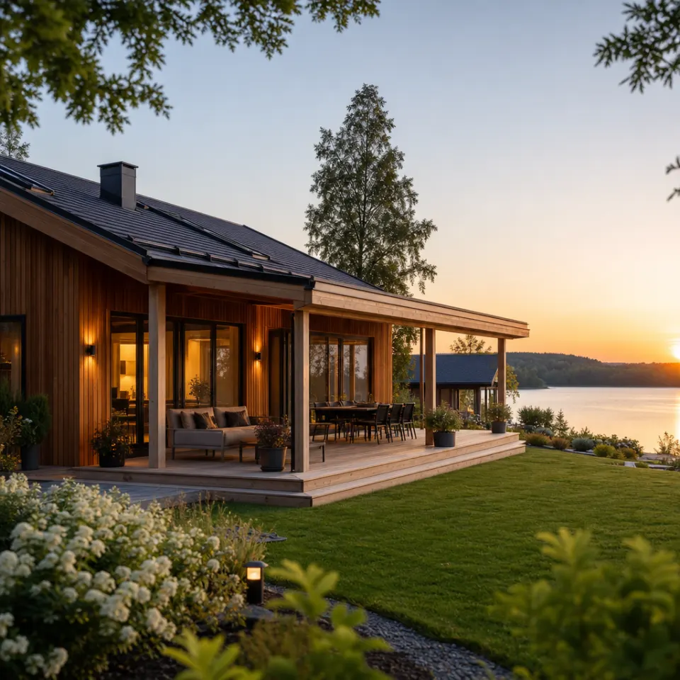 Kompaktes Ferienhaus in Holzbauweise mit Veranda und Satteldach am Waldrand – Ferienhaus als Fertighaus 2026