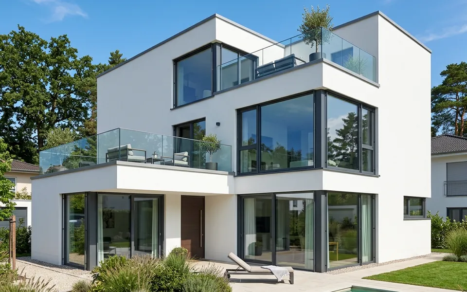 Weißes kubisches Flachdachhaus im Bauhausstil mit Dachterrasse und raumhohen Fenstern – modern bauen 2026