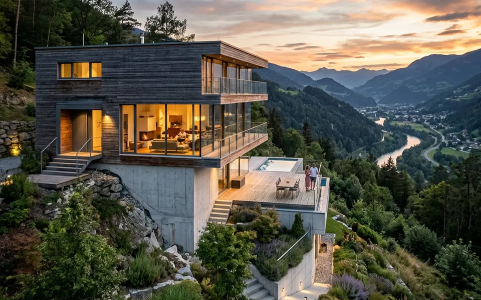 Modernes Hanghaus in Split-Level-Bauweise mit Glasfront und Blick ins Tal – Haus am Hang bauen 2026