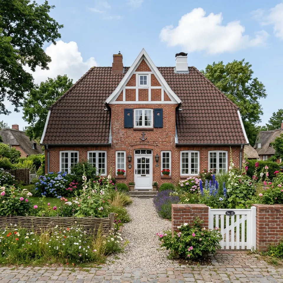 Kapitänshaus mit symmetrischer Klinkerfassade, mittigem Zwerchgiebel und Sprossenfenstern – norddeutscher Baustil im Jahr 2026