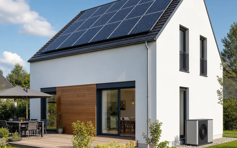 KfW-40-Effizienzhaus mit vollständig belegtem Photovoltaik-Dach und Wärmepumpe an der Fassade – hohe Förderung 2026