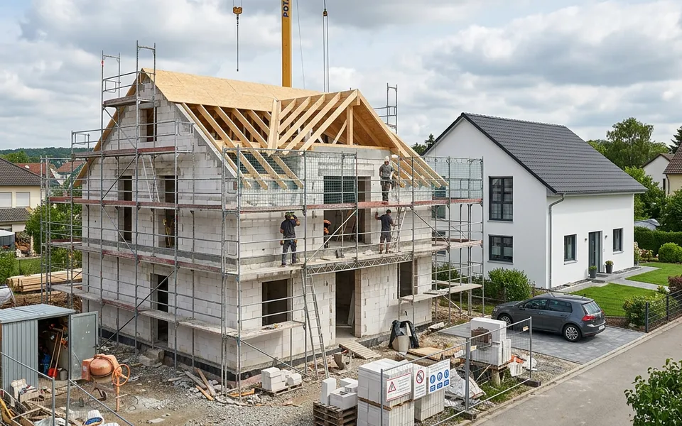 Massivhaus im Bau mit weißen Porenbetonwänden neben einem fertig verputzten Wohnhaus – massiv bauen 2026