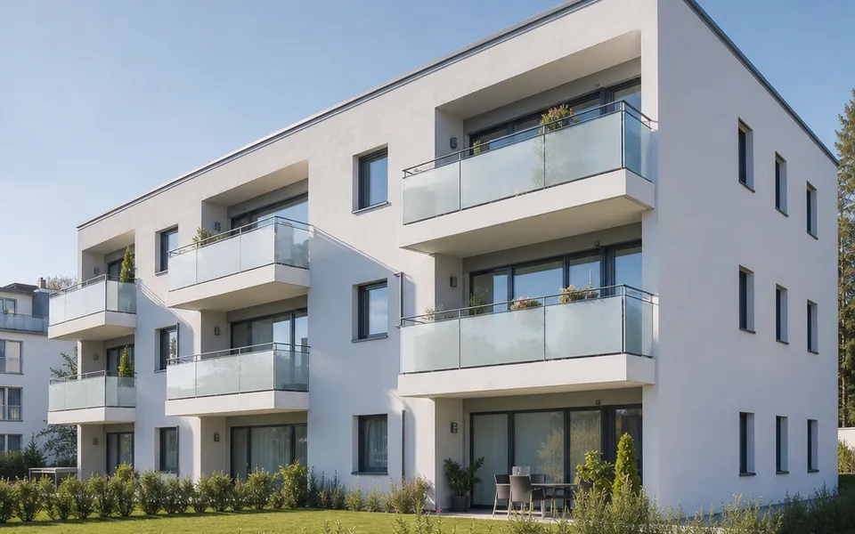 Dreigeschossiger Mehrfamilienhaus-Neubau mit Glasbalkonen und heller Putzfassade – Wohnungen als Geldanlage 2026