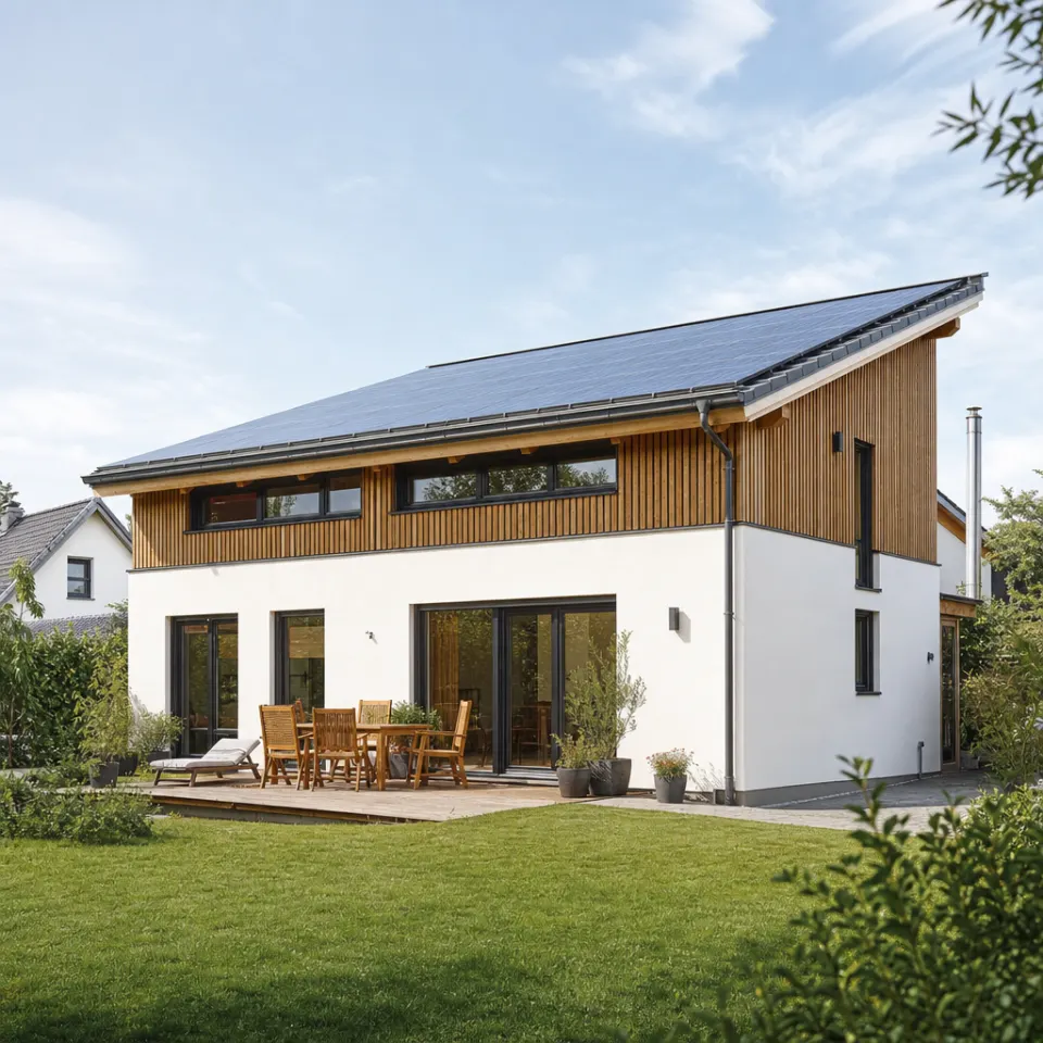 Modernes Pultdachhaus mit einseitig geneigtem Dach, großer Glasfront und Photovoltaik – Pultdachhaus als Fertighaus 2026
