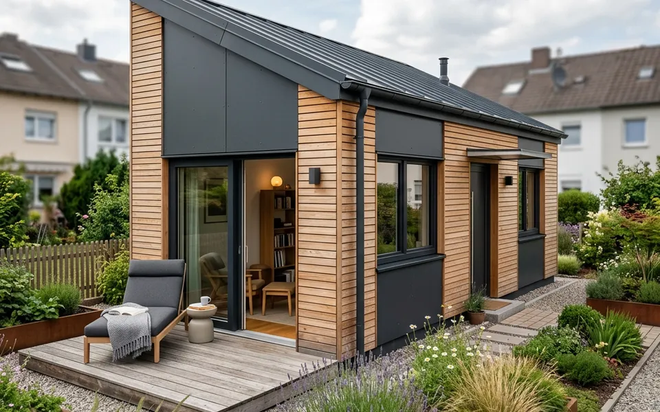 Kompaktes Singlehaus mit Pultdach, Fassade in Holz und Anthrazit sowie kleiner Terrasse – kleines Eigenheim 2026