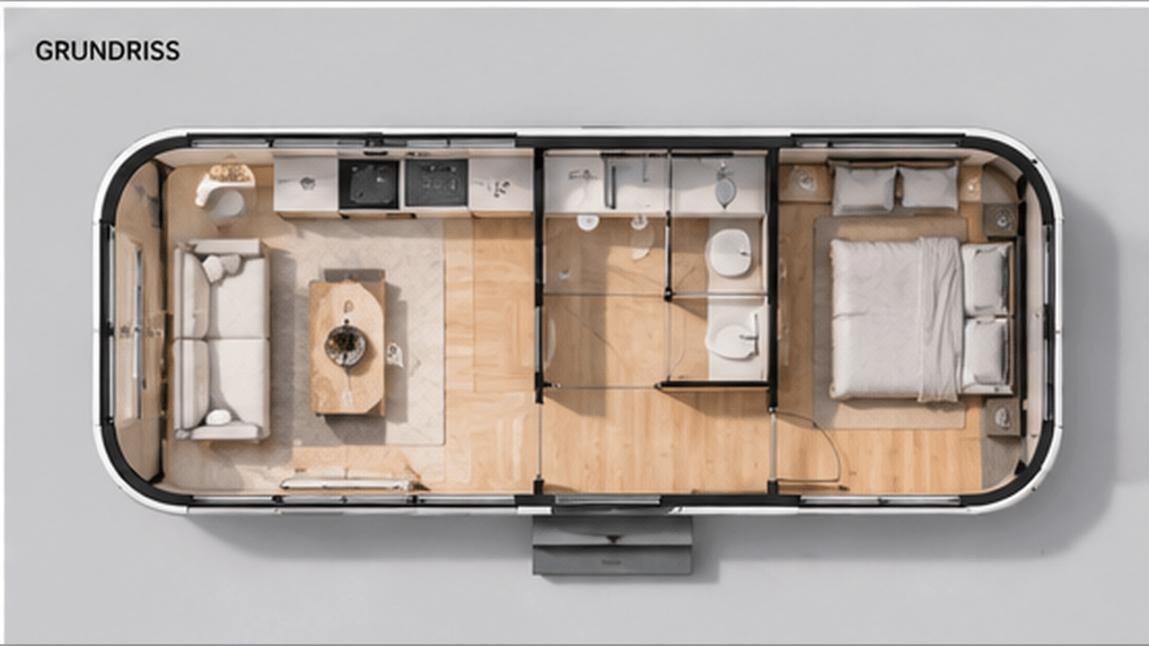 Grundriss eines Space Capsule Tiny House – Wohnraum mit Küche, mittiges Bad und Schlafzimmer in länglicher Kapselform (Schema)