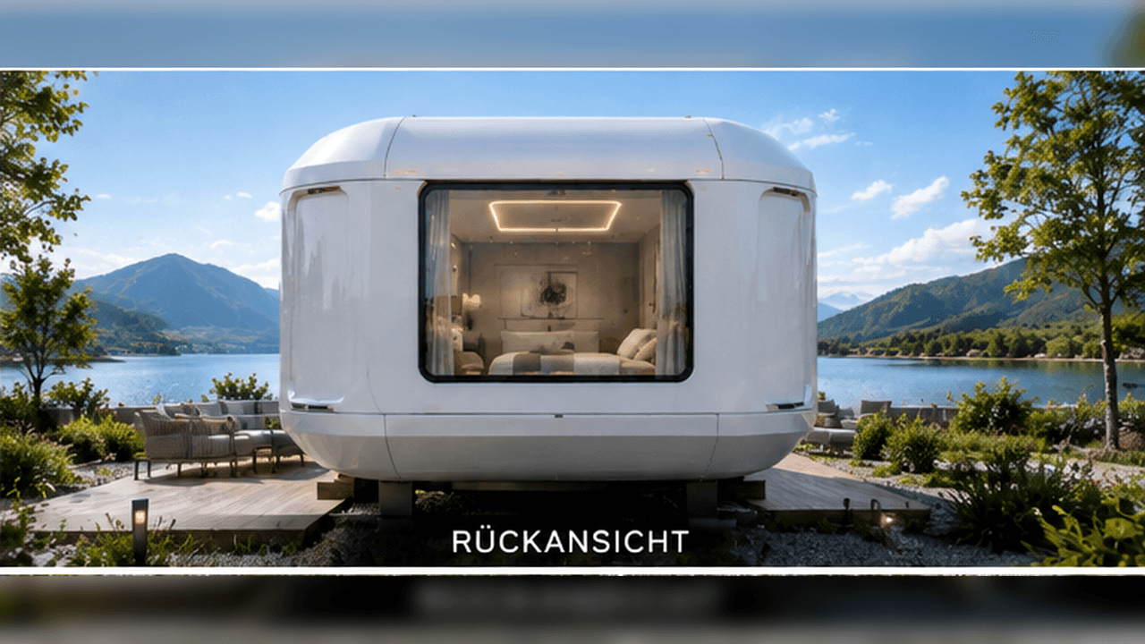 Space Capsule Tiny House Rückansicht – geschlossene, aerodynamische Kapselhülle in Weiß (Visualisierung)