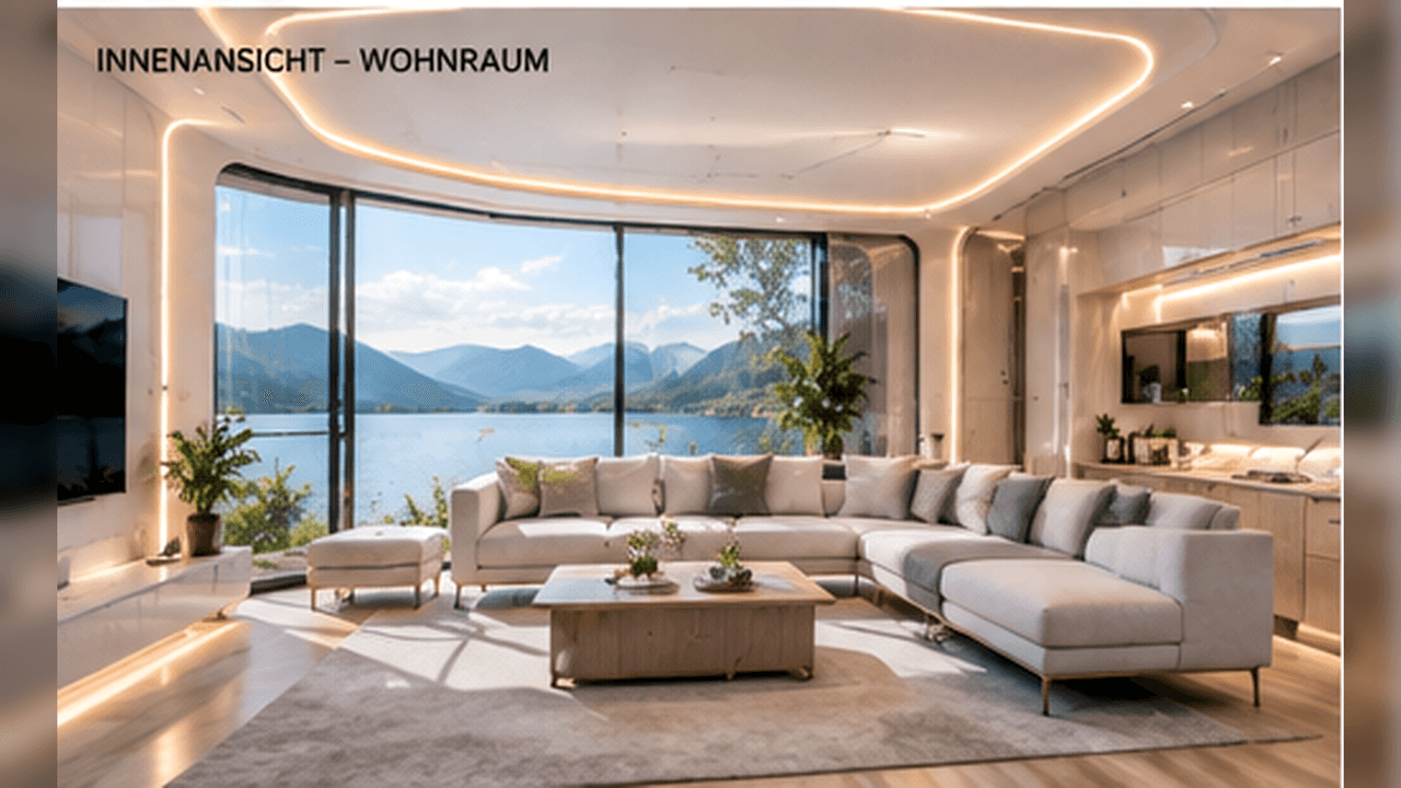 Space Capsule Tiny House Innenansicht Wohnraum – Sofalandschaft vor Panoramafenster mit Seeblick und LED-Lichtband (Visualisierung)