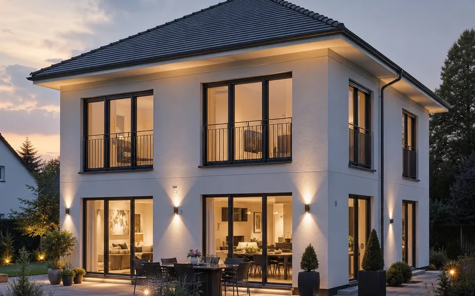 Repräsentative Stadtvilla mit Walmdach, zwei Vollgeschossen und großzügigen Fensterfronten in der Dämmerung – Preise 2026