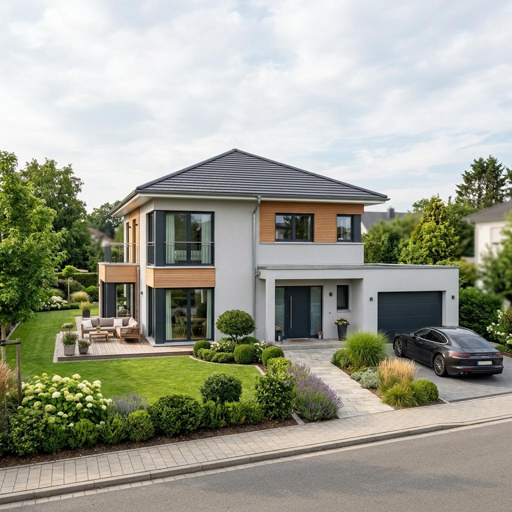 Fertighaus bis 250.000 € – Beispiel schlüsselfertiger Neubau Fertighaus bis 250.000 €: schlüsselfertige City-Villa als Neubau, Beispielmotiv für das Budget