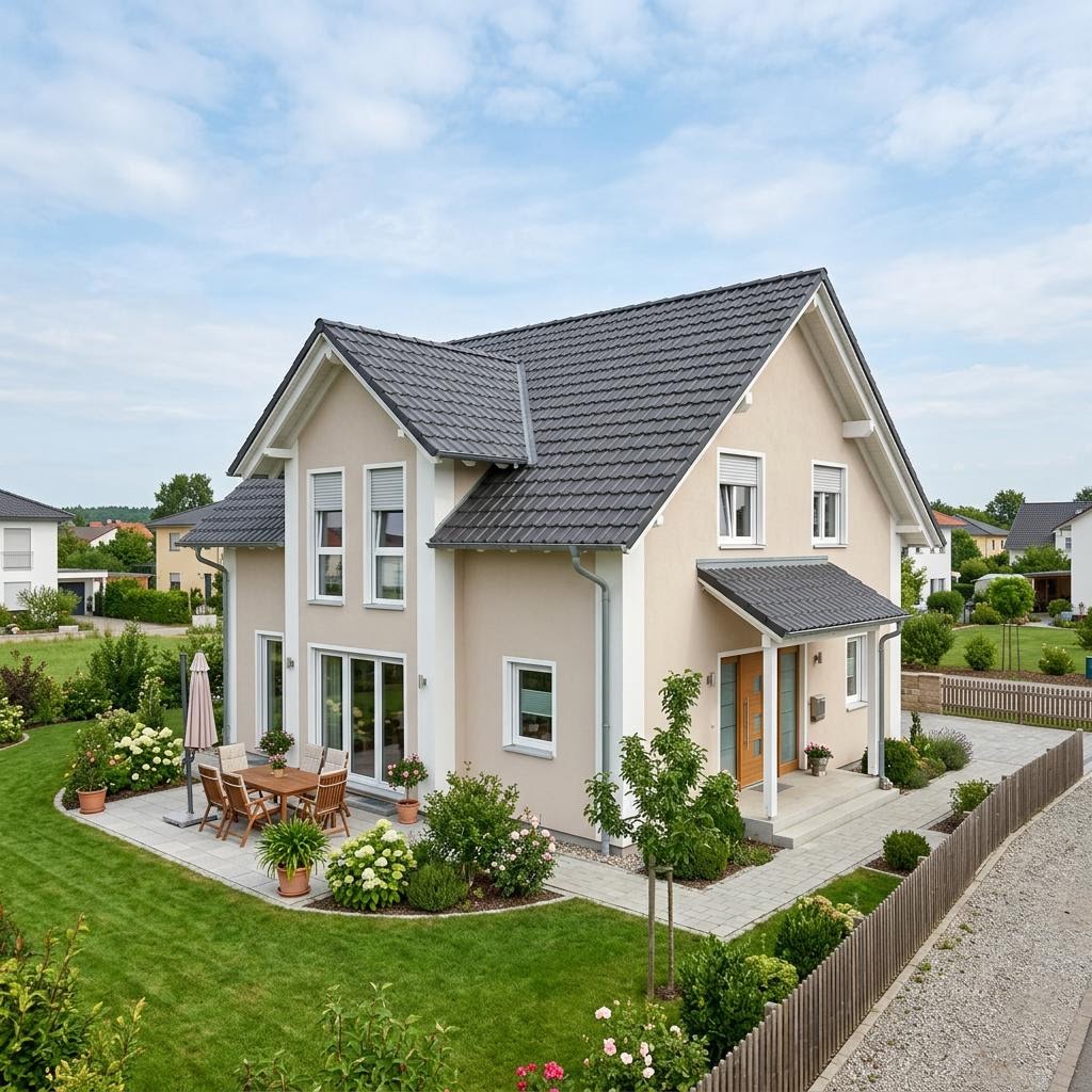 Fertighaus bis 80.000 € – Beispiel Bausatz-/Ausbauhaus Fertighaus bis 80.000 €: kompaktes Bausatzhaus als Neubau, Beispielmotiv für das Budget