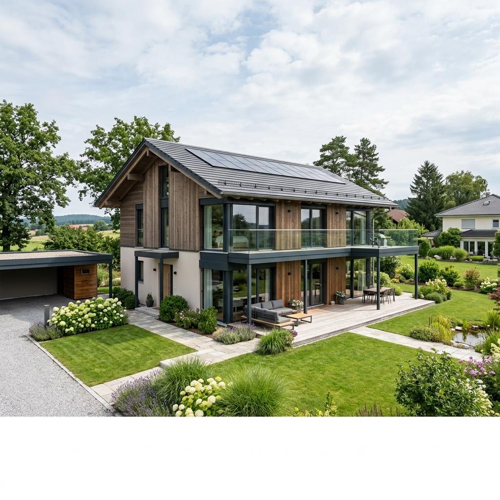 Fertighaus in Süddeutschland – Beispiel Holzhaus im Alpenstil Fertighaus Süddeutschland: modernes Holzhaus im Alpenstil als Neubau, Beispielmotiv für die Region