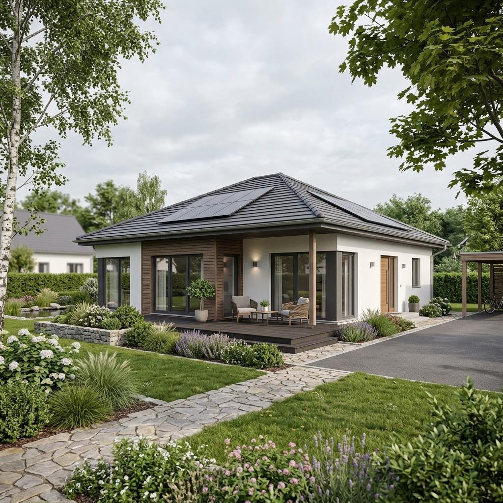 Bungalow-Grundriss 3 Zimmer: ebenerdiger Bungalow als Neubau, Beispielmotiv