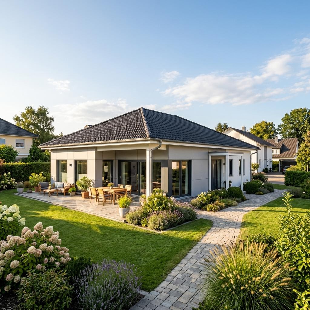 Grundriss Bungalow 120 qm: ebenerdiger Bungalow als Neubau, Beispielmotiv zur Wohnfläche