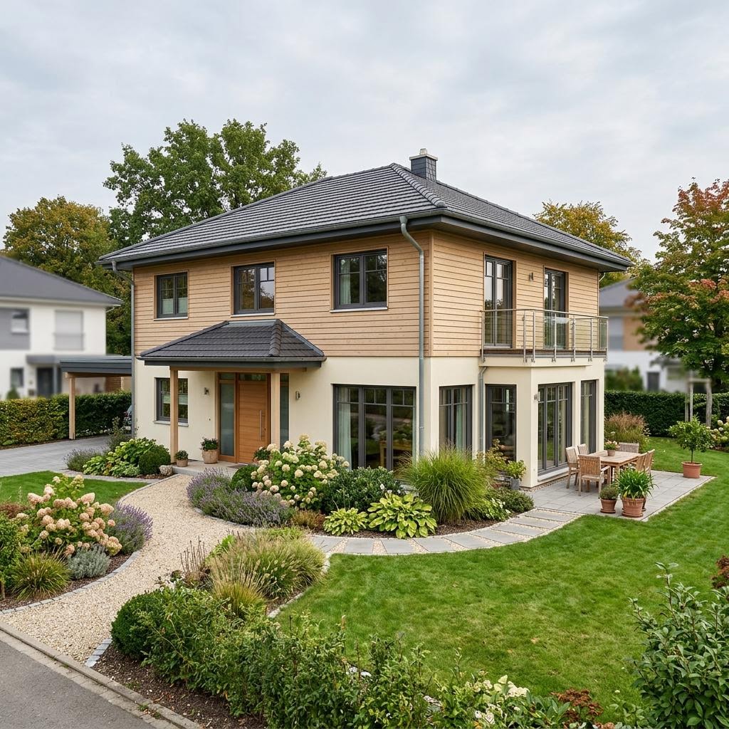 Fertighaus 200 qm – Beispiel großzügiger Neubau Fertighaus 200 qm: großes Einfamilienhaus als Neubau, Beispielmotiv für die Wohnfläche