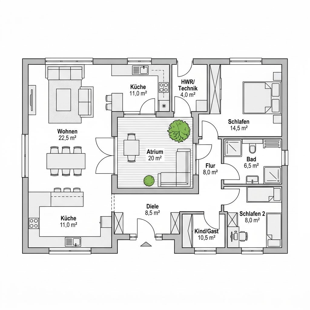 Grundriss Modulhaus Atrium 90 – 90 m² Modulhaus mit 4 Zimmern