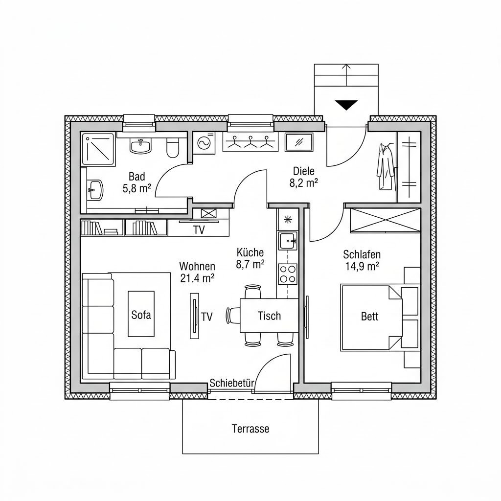 Grundriss Modulhaus Flex 60 – 60 m² Modulhaus mit 2 Zimmern