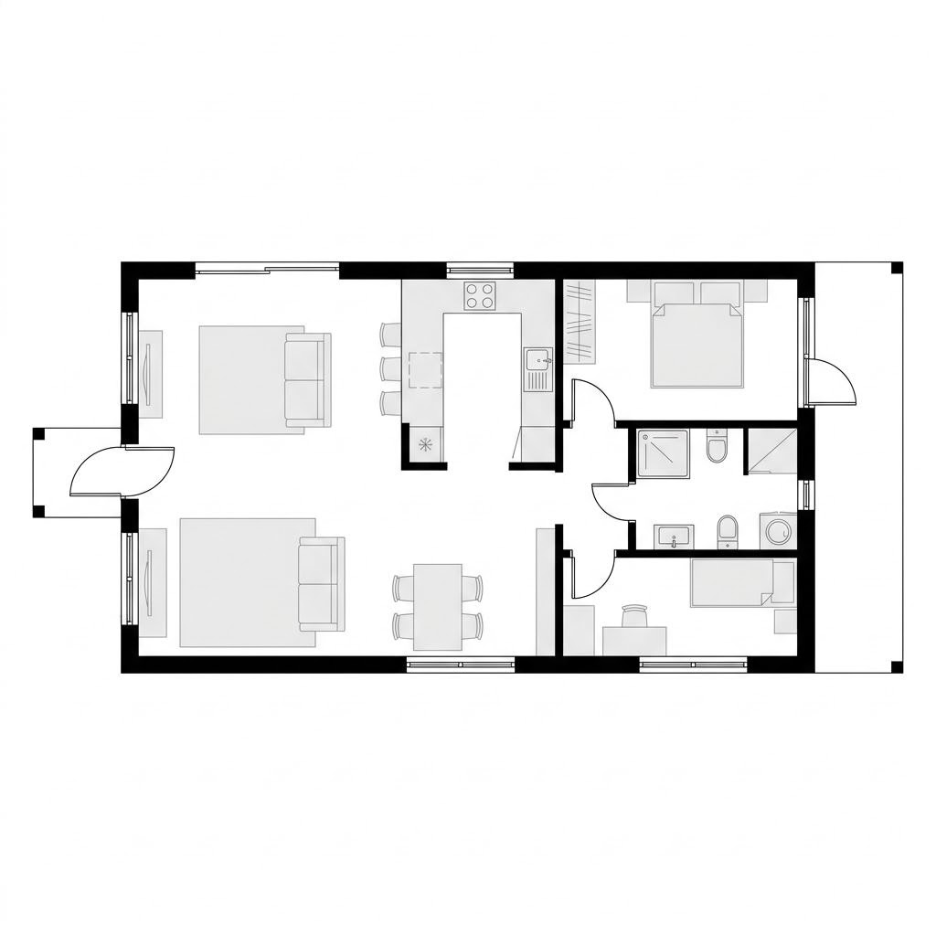 Grundriss Modulhaus Panorama 76 – 76 m² Modulhaus mit 2 Zimmern