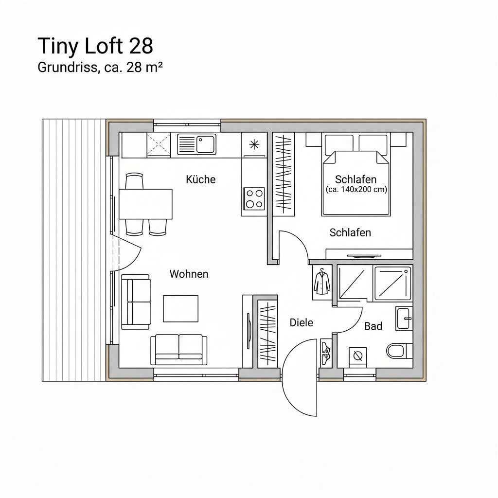 Grundriss Tiny Loft 28 – 28 m² Tiny House mit 1 Zimmern