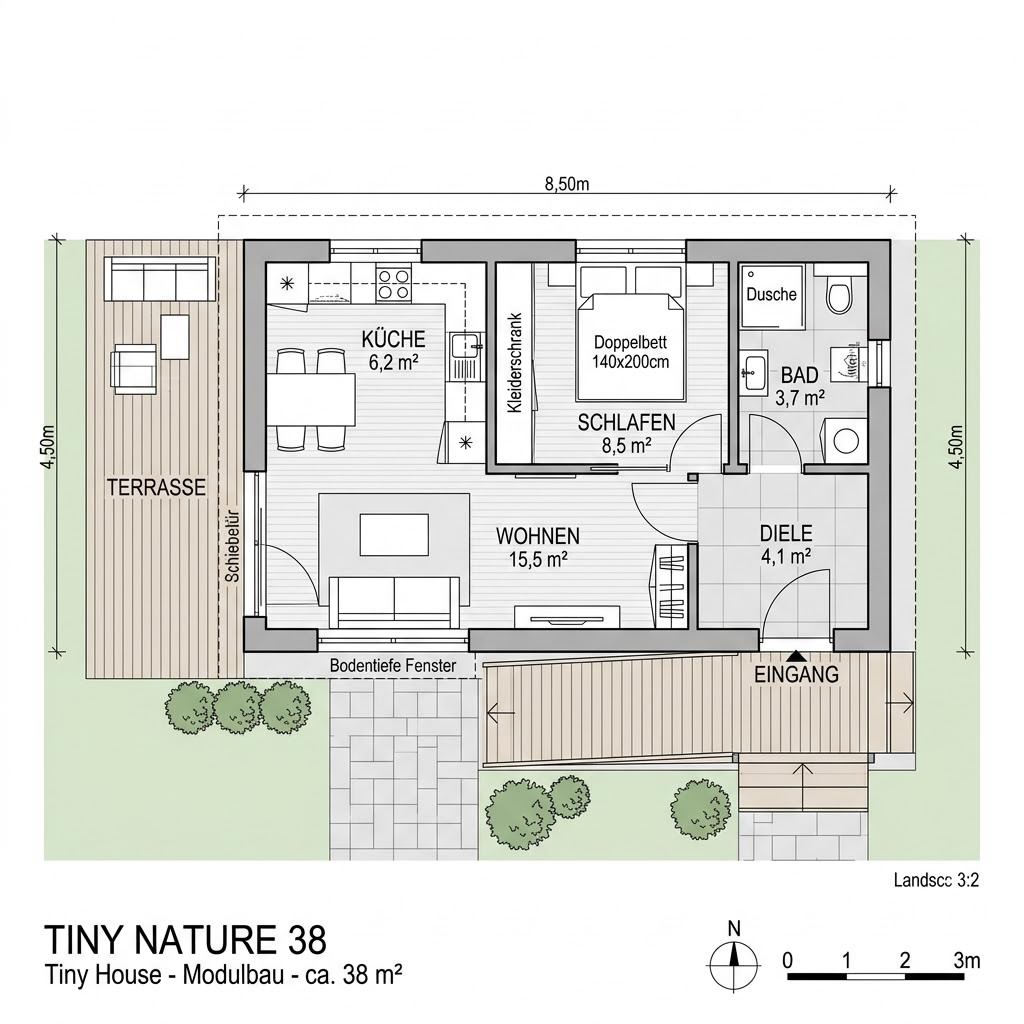 Grundriss Tiny Nature 38 – 38 m² Tiny House mit 2 Zimmern