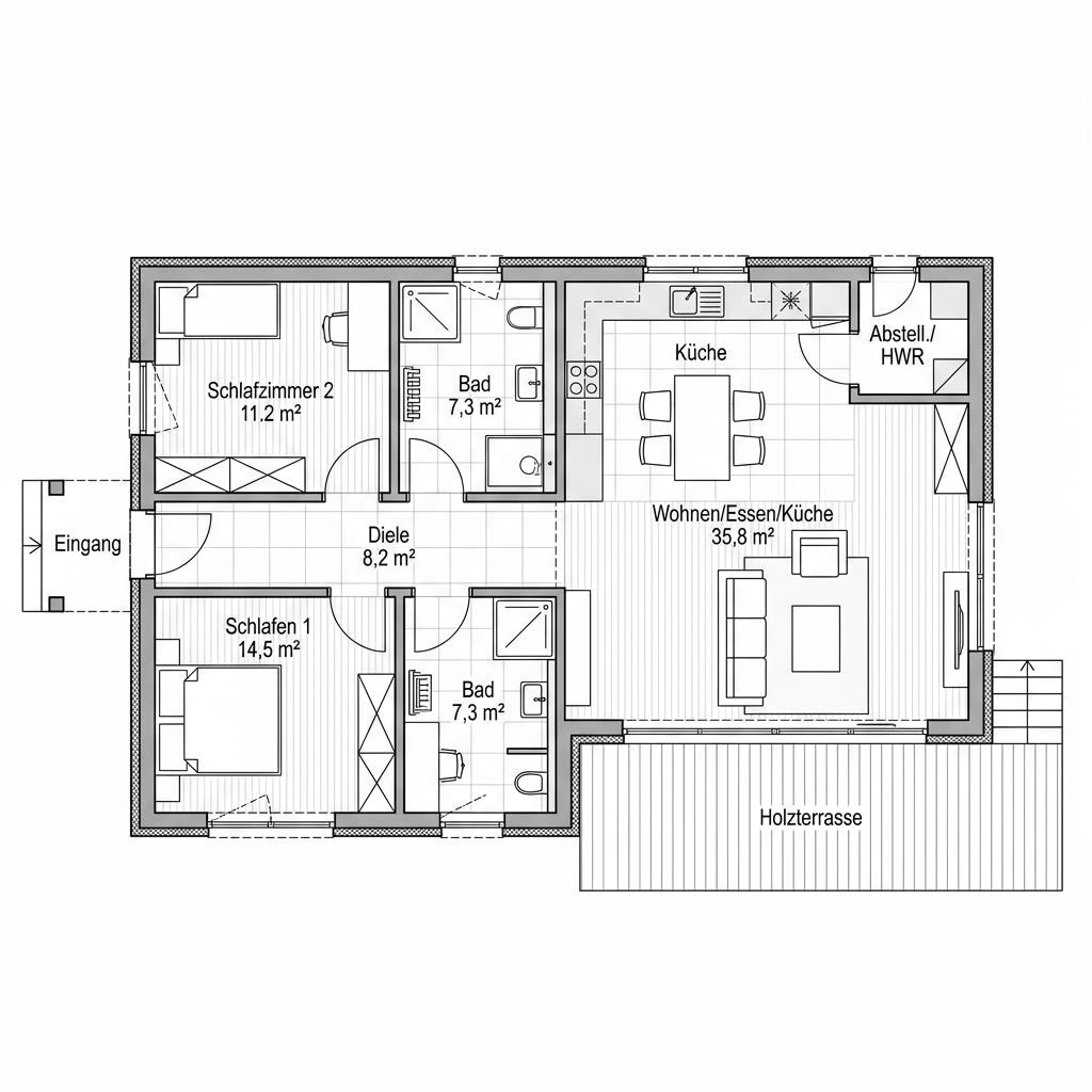 Grundriss Modul Line 78 von Commod-Haus — 78 m², 3 Zimmer
