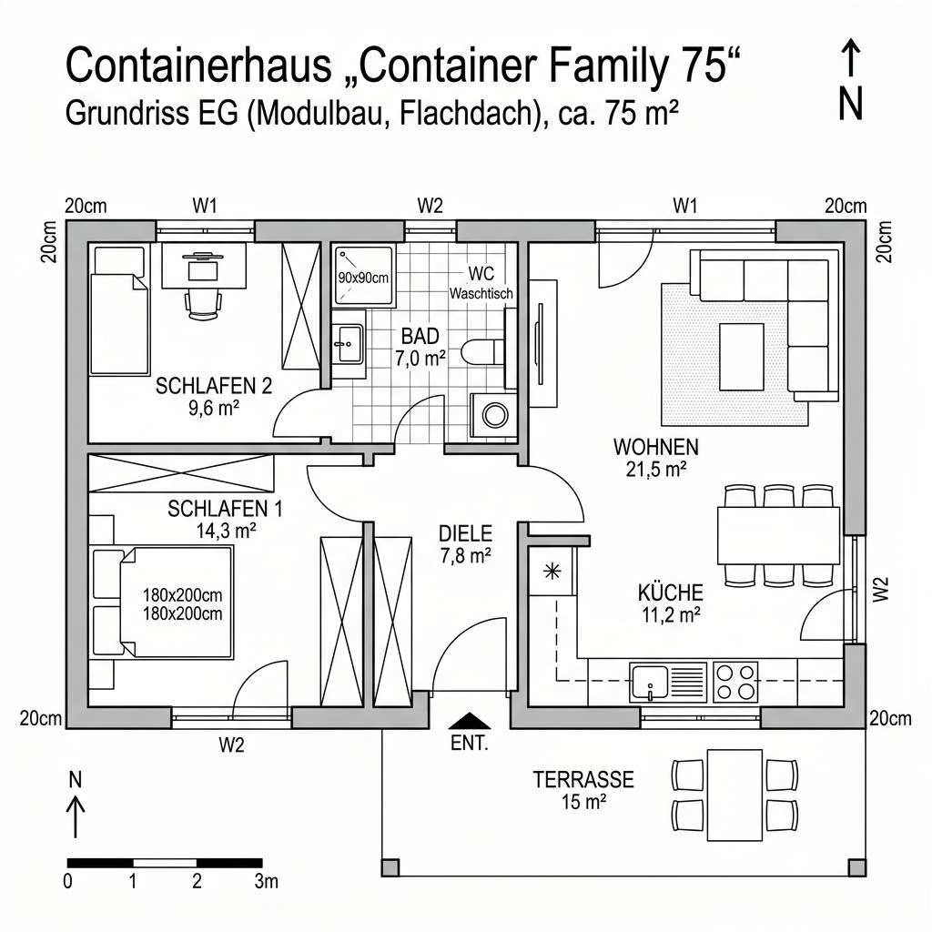 Grundriss Container Family 75 – 75 m² Containerhaus mit 4 Zimmern