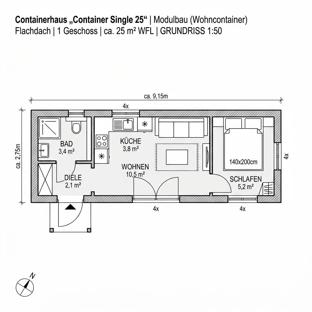 Grundriss Container Single 25 von Conliving — 25 m², 1 Zimmer