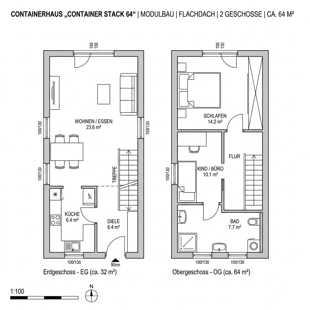 Grundriss Container Stack 64 – 64 m² Containerhaus mit 3 Zimmern