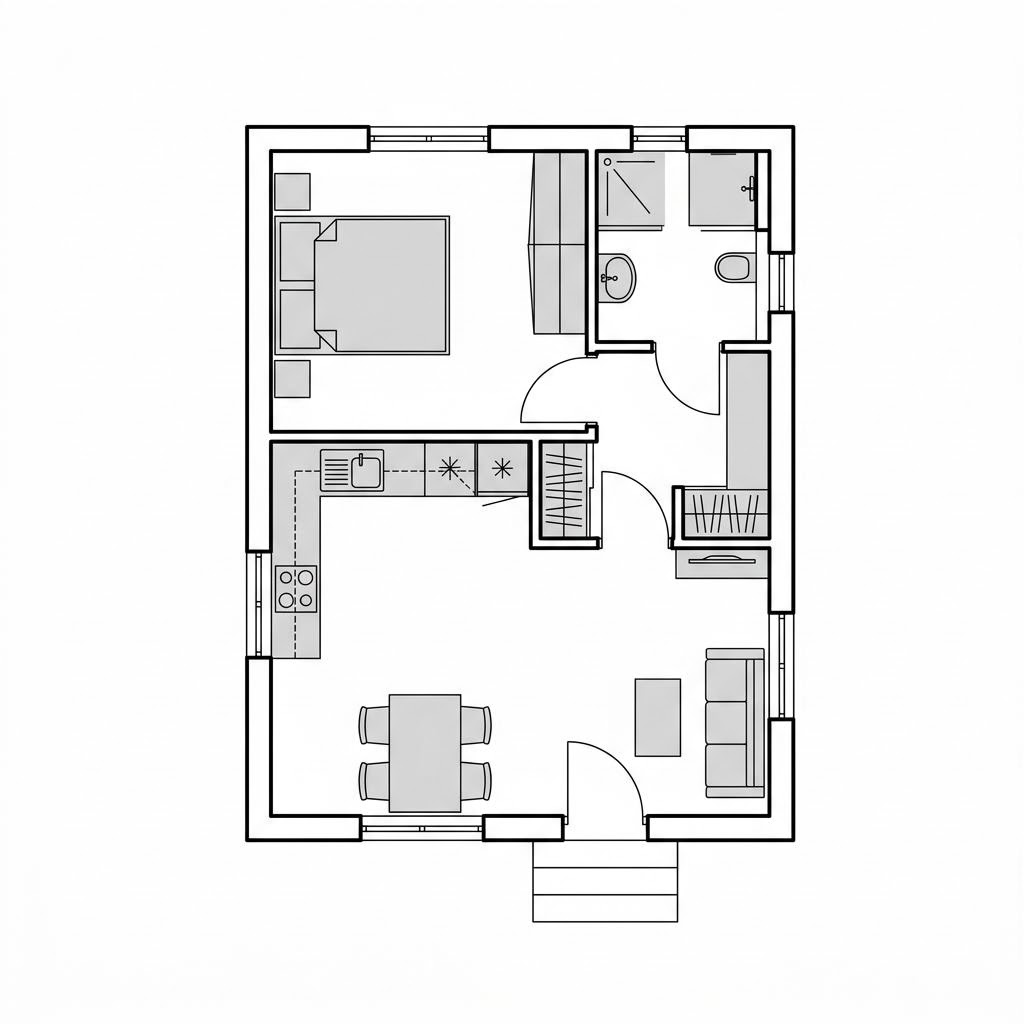 Grundriss Cube 45 – 45 m² Tiny House mit 2 Zimmern