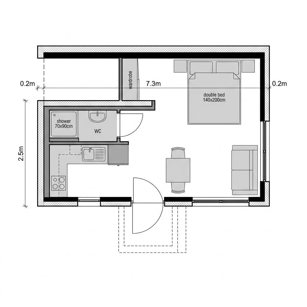 Grundriss Wohncontainer W4 – 18 m² Containerhaus mit 1 Zimmern