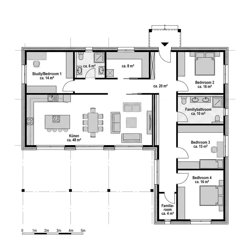 Grundriss Wohncontainer W8 – 173 m² Containerhaus mit 8 Zimmern