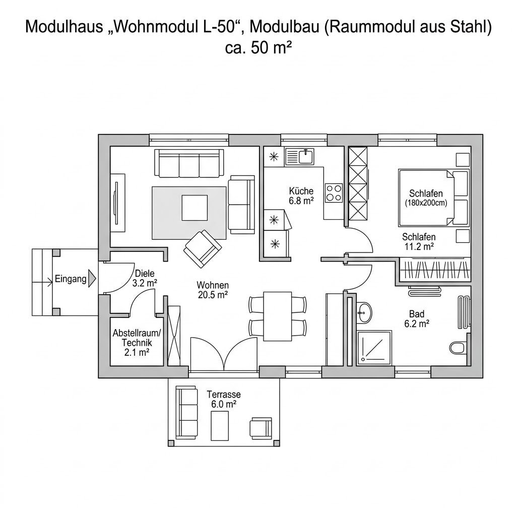 Grundriss Wohnmodul L-50 – 50 m² Modulhaus mit 2 Zimmern