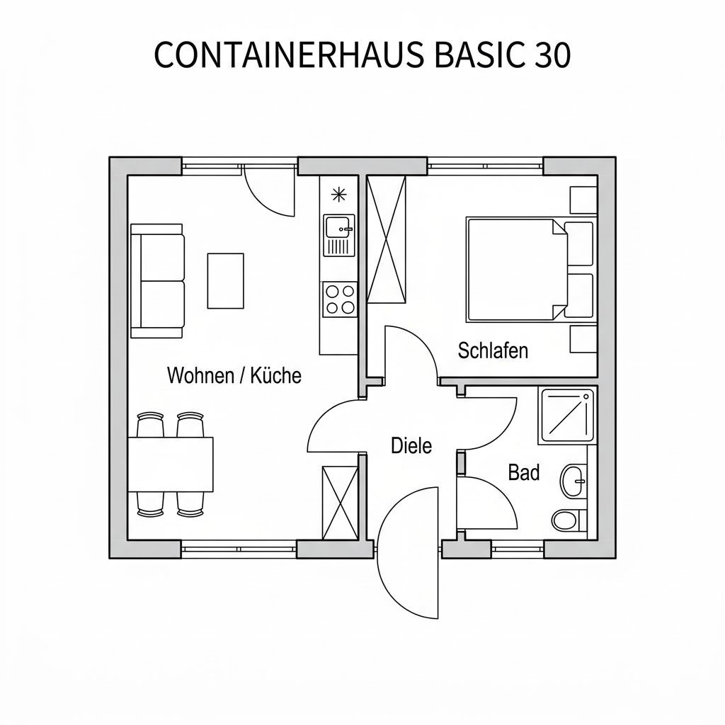 Grundriss Containerhaus basic 30 von Wohncontainer W6 — 30 m², 2 Zimmer