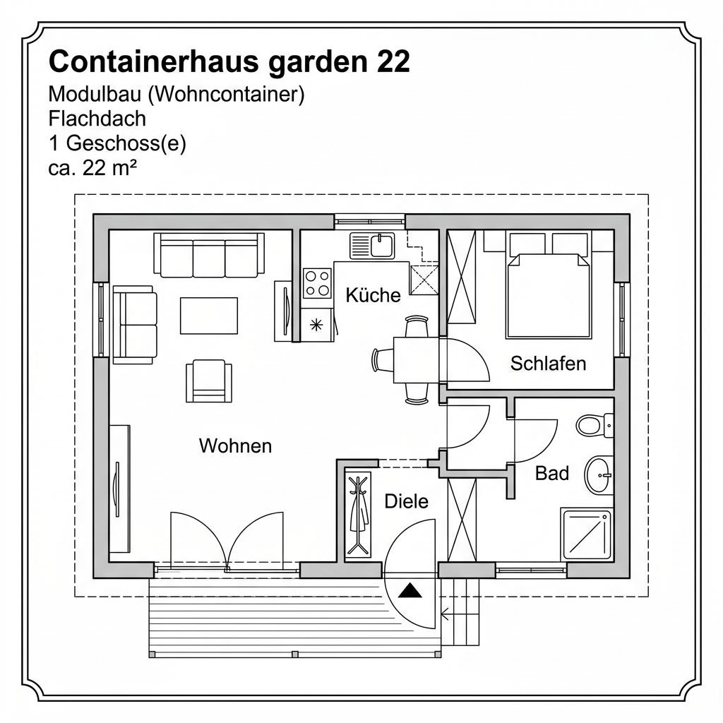 Grundriss Containerhaus garden 22 von Wohncontainer W6 — 22 m², 1 Zimmer