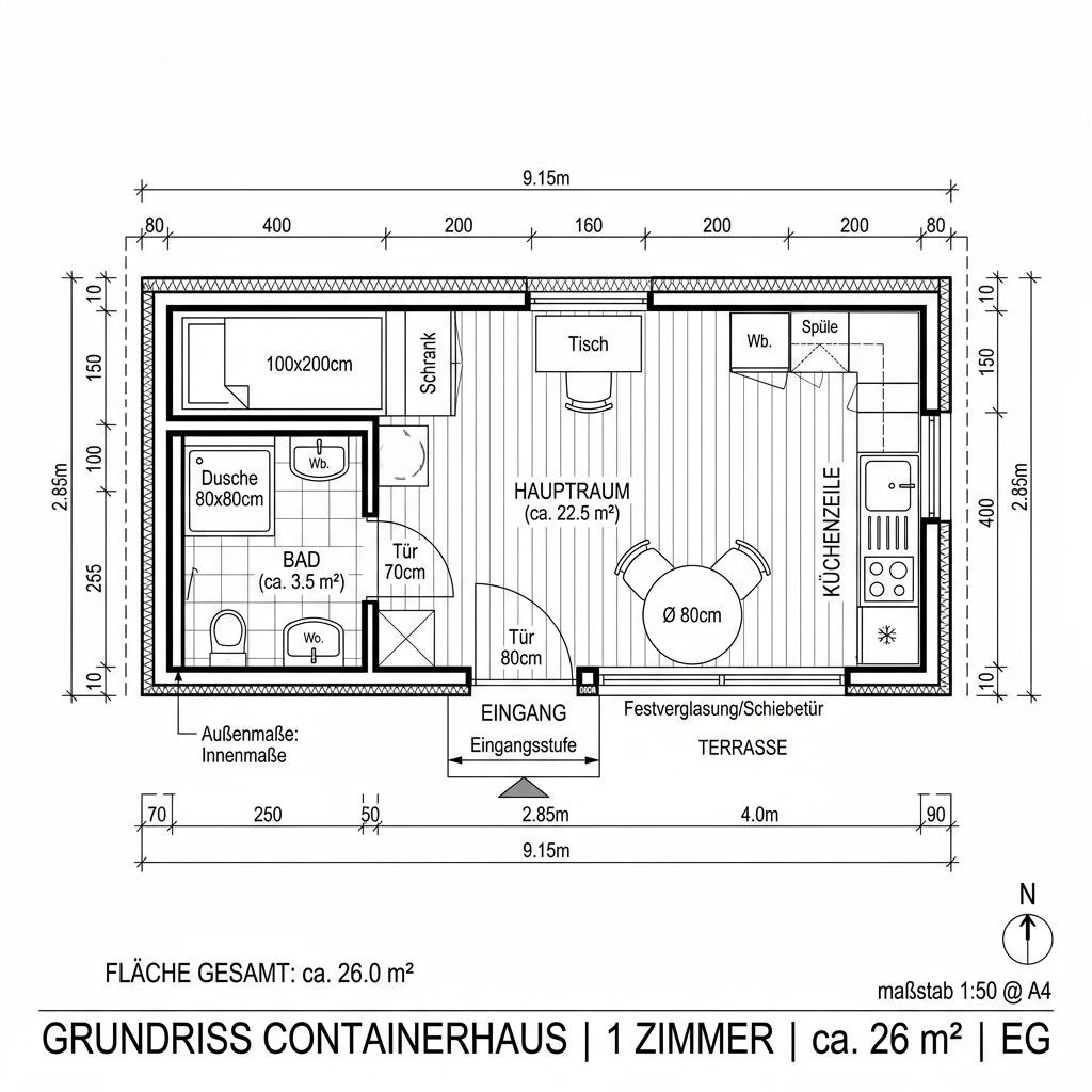 Grundriss Raummodul Wohnen Solo von Containerwerk — 26 m², 1 Zimmer