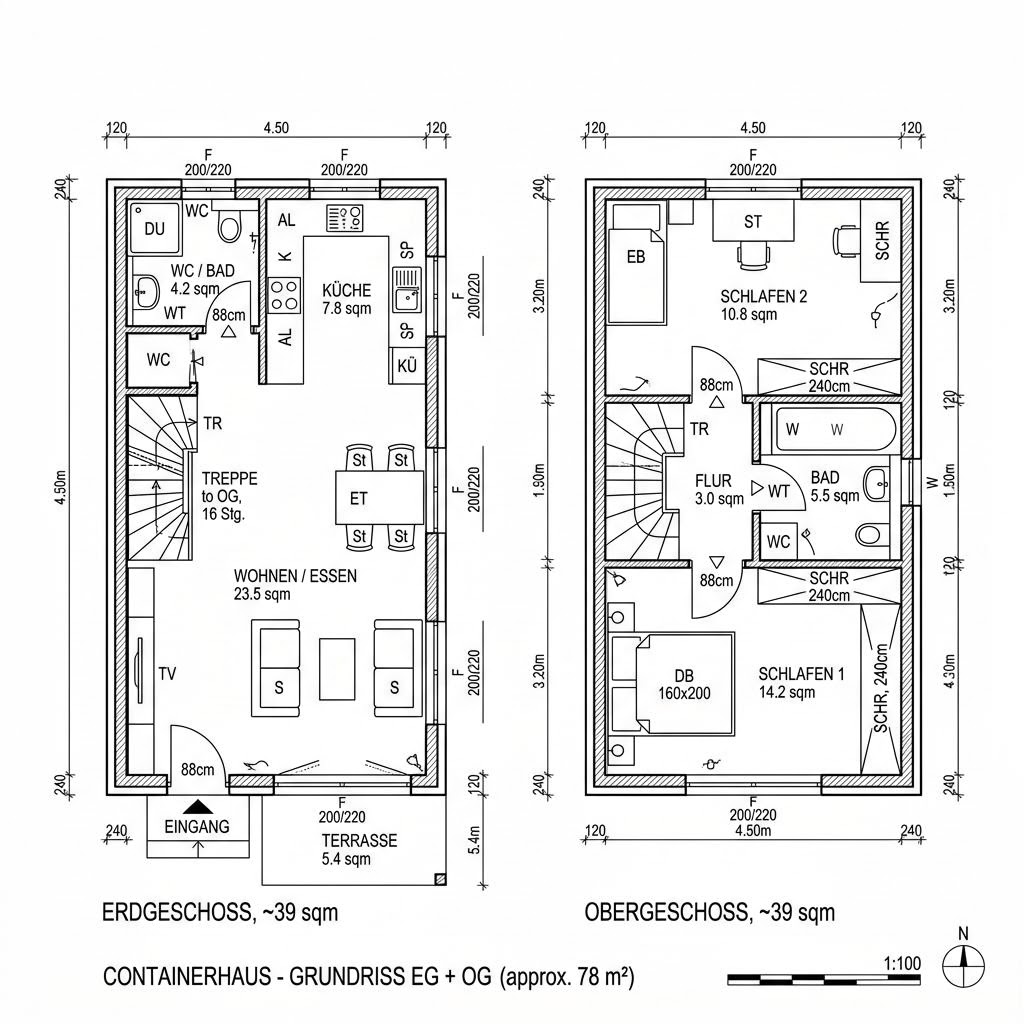 Grundriss Raummodul Wohnen Stapel – 78 m² Containerhaus mit 4 Zimmern